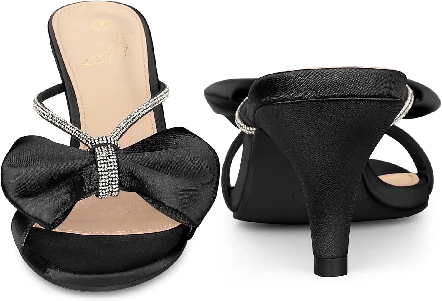 Perphy Rhinestone Strap Bow Kitten Heels Slide Sandals for Women