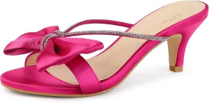 Perphy Rhinestone Strap Bow Kitten Heels Slide Sandals for Women