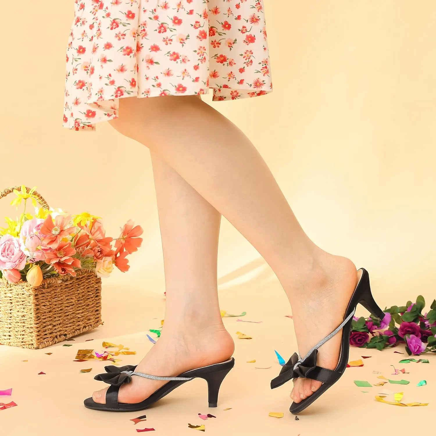Perphy Rhinestone Strap Bow Kitten Heels Slide Sandals for Women