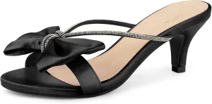 Perphy Rhinestone Strap Bow Kitten Heels Slide Sandals for Women