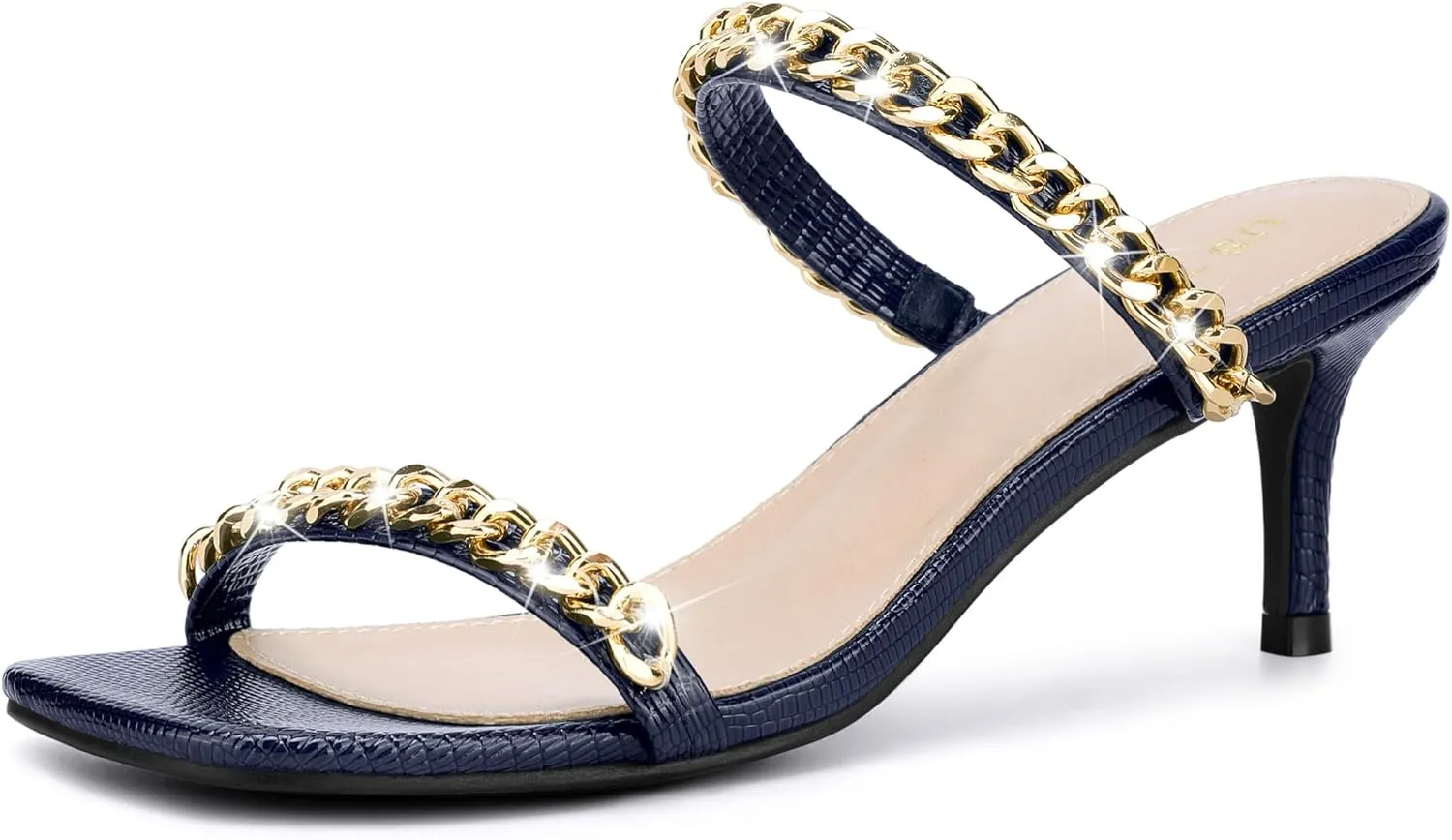 Perphy Snakeskin Print Square Toe Gold Chain Stiletto Heels Strappy Sandals for Women
