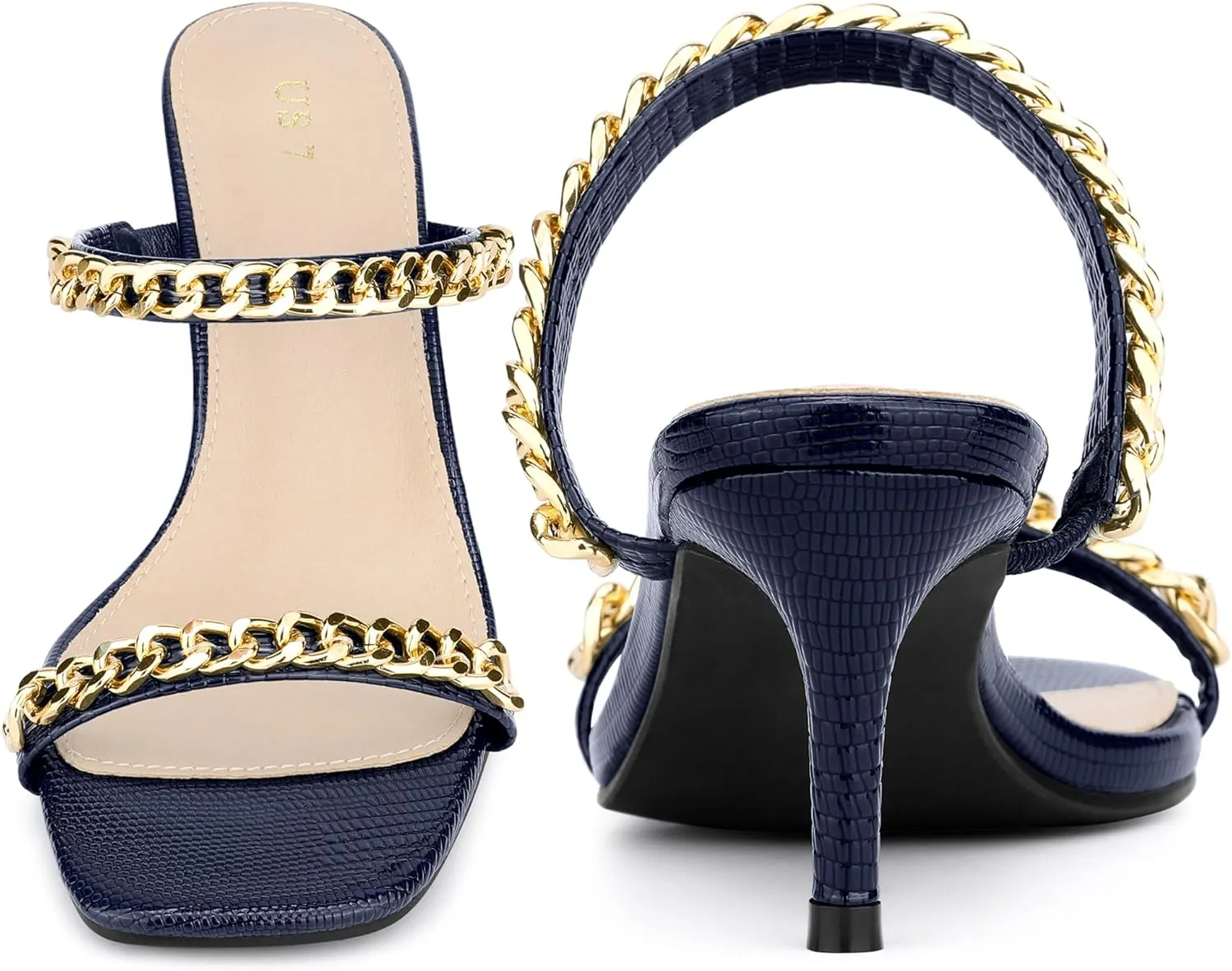 Perphy Snakeskin Print Square Toe Gold Chain Stiletto Heels Strappy Sandals for Women