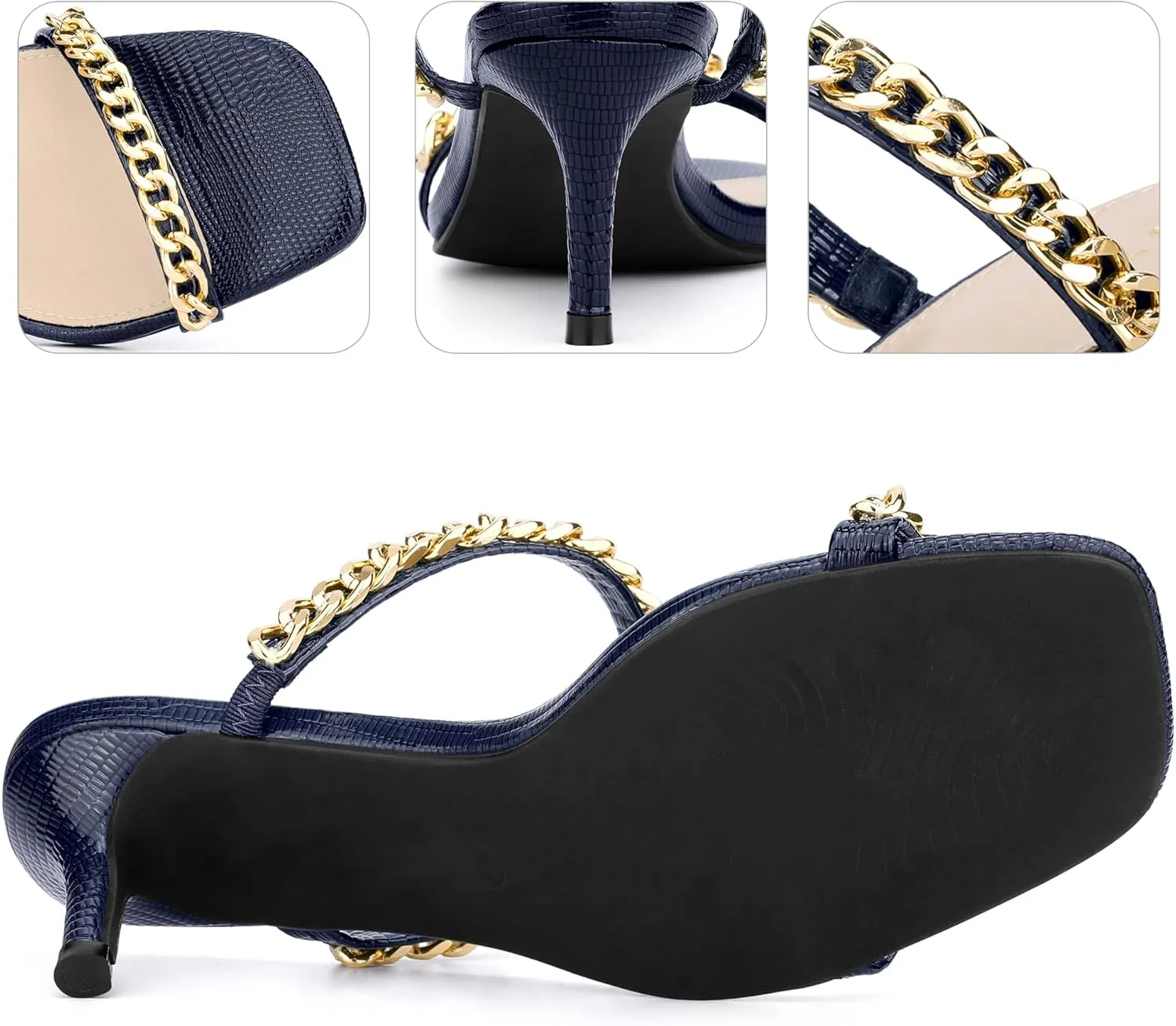Perphy Snakeskin Print Square Toe Gold Chain Stiletto Heels Strappy Sandals for Women