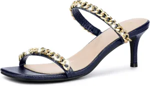 Perphy Snakeskin Print Square Toe Gold Chain Stiletto Heels Strappy Sandals for Women