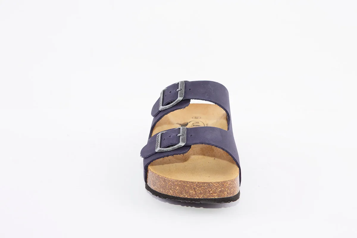 PLAKTON - 340010 DOUBLE BUCKLE FLAT MULE - BLUE NUBUCK