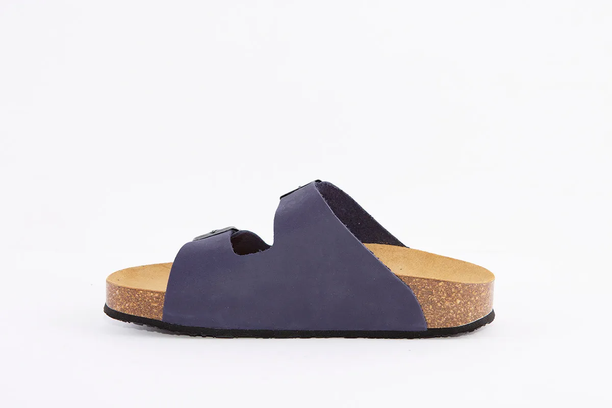 PLAKTON - 340010 DOUBLE BUCKLE FLAT MULE - BLUE NUBUCK
