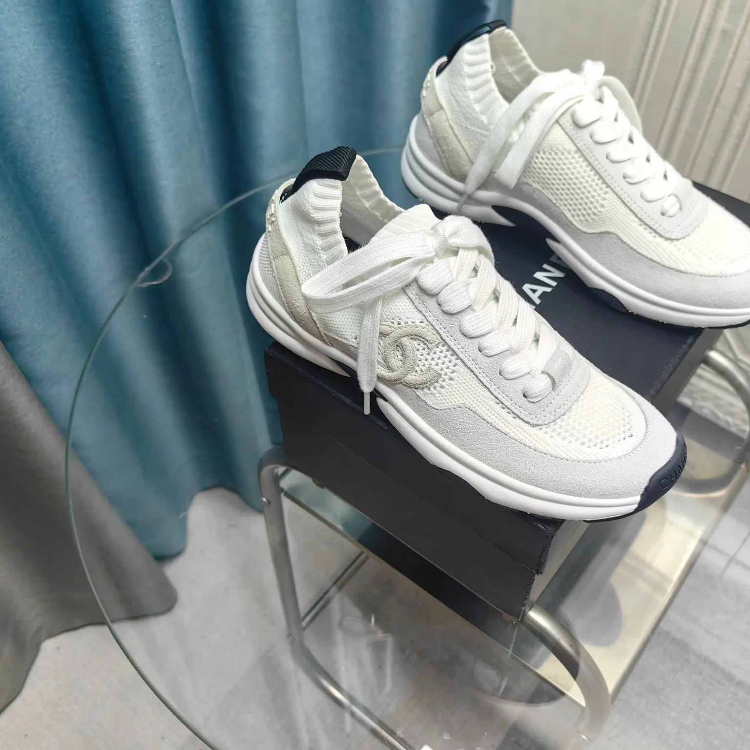 Polyester Luxurious Savings-packed CHANEL Grey Mesh And White Sneaker Fabric Suede