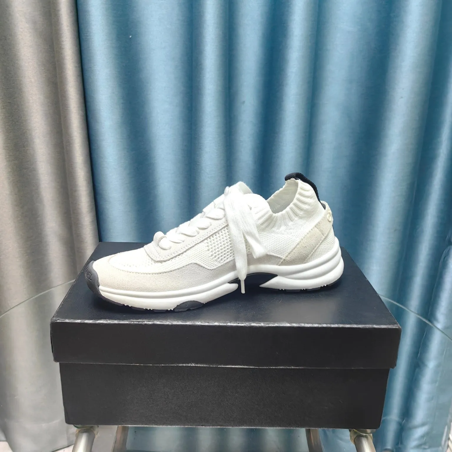 Polyester Luxurious Savings-packed CHANEL Grey Mesh And White Sneaker Fabric Suede