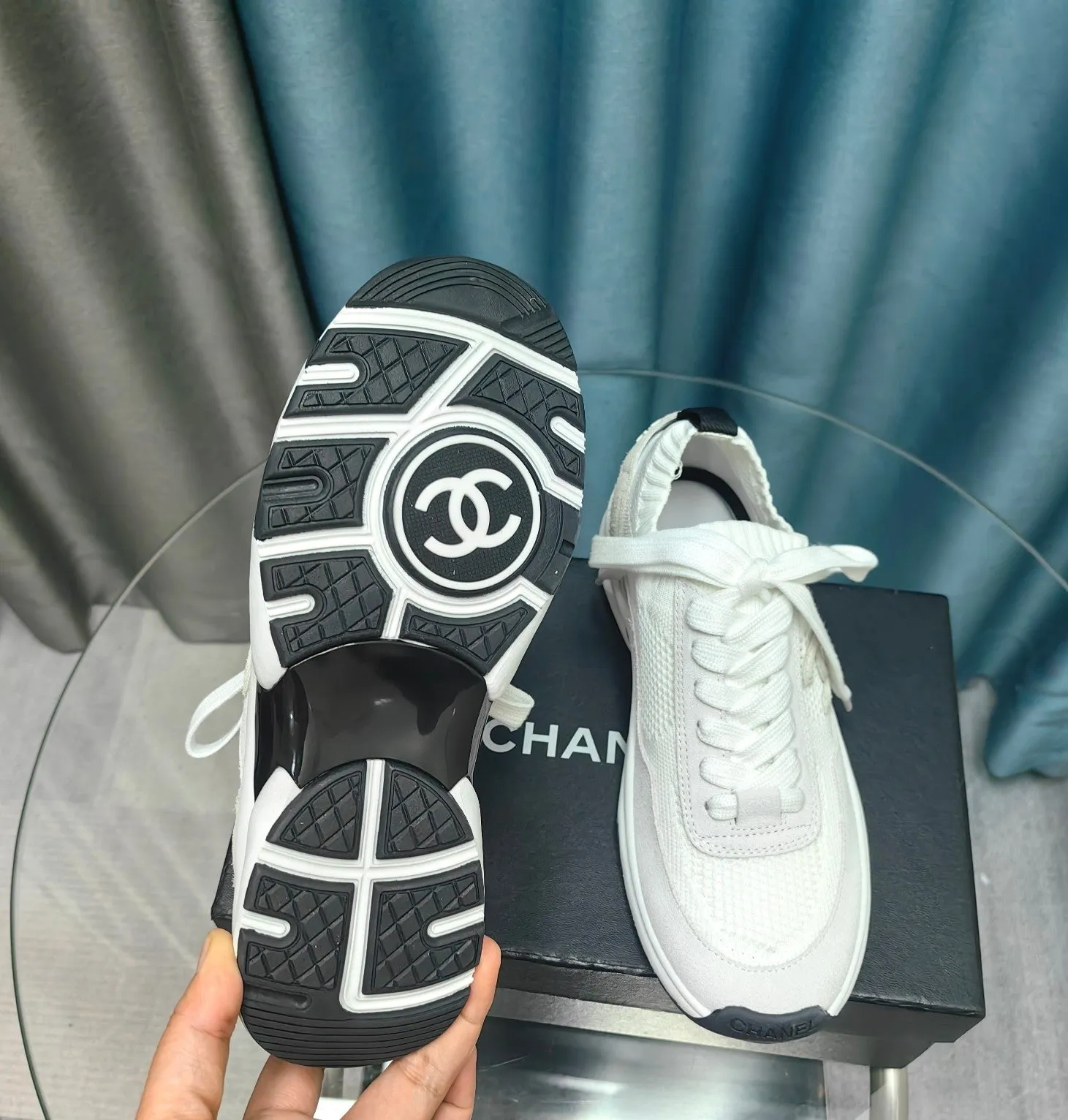 Polyester Luxurious Savings-packed CHANEL Grey Mesh And White Sneaker Fabric Suede