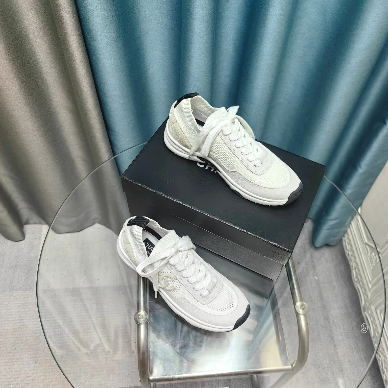 Polyester Luxurious Savings-packed CHANEL Grey Mesh And White Sneaker Fabric Suede