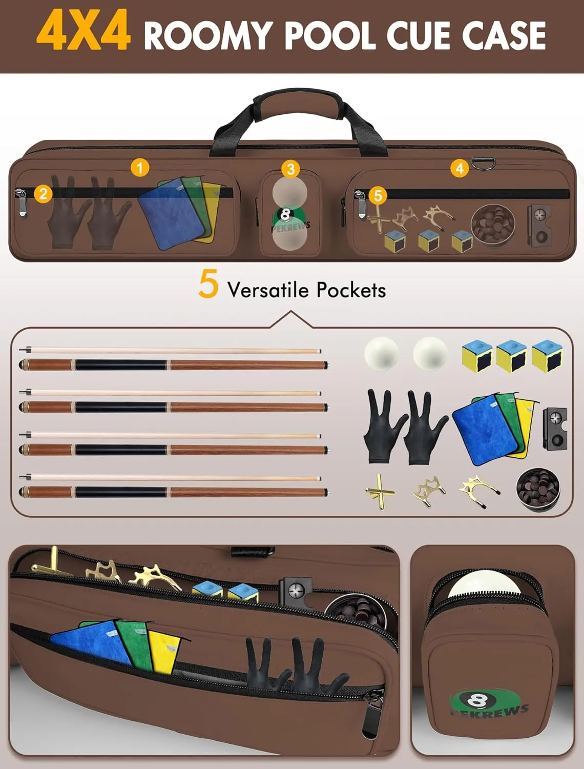 Pool Cue Case, Pool Stick Case 4x5 with Multiple Pockets Holds 4 Butts 5 Shafts, Soft Padded Sturdy Pool Cue Bag, Billiard Cue Backpack with Adjustable Shoulder Straps for Men and Women