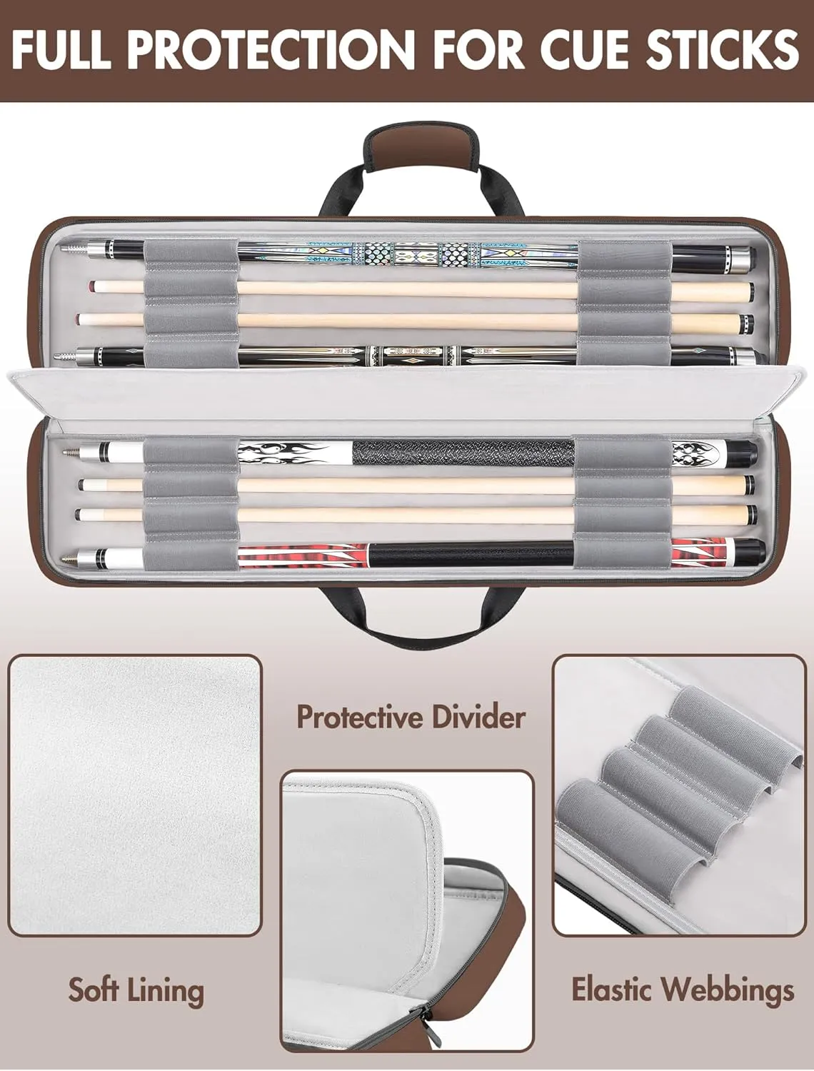 Pool Cue Case, Pool Stick Case 4x5 with Multiple Pockets Holds 4 Butts 5 Shafts, Soft Padded Sturdy Pool Cue Bag, Billiard Cue Backpack with Adjustable Shoulder Straps for Men and Women