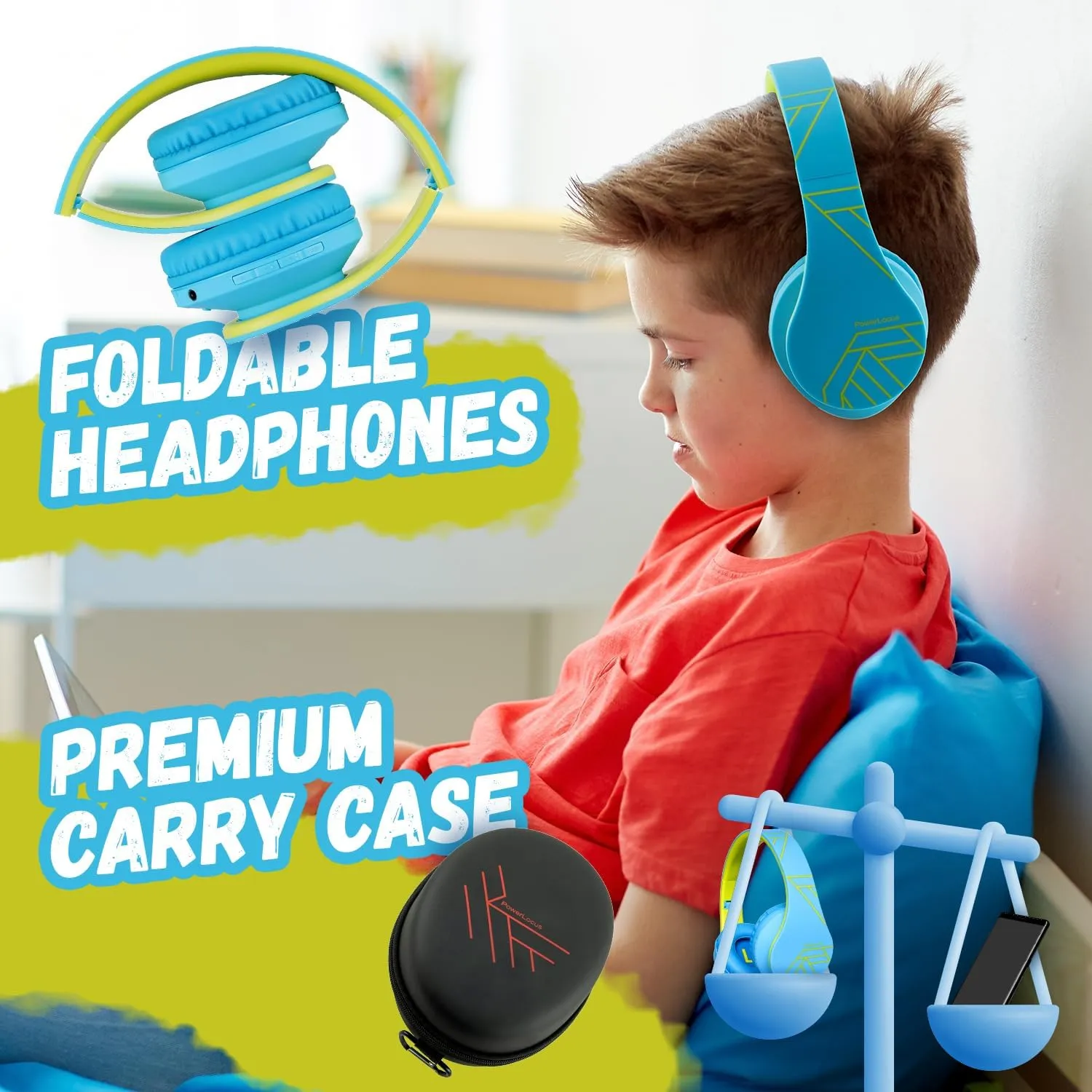 PowerLocus Kids Headphones Over-Ear, Bluetooth Wireless Headphones for Kids,with Microphone, Safe 85DB Volume Limited, Foldable with Carry Case, Audio Cable, Micro SD mode for Online Classes,PC,Phones