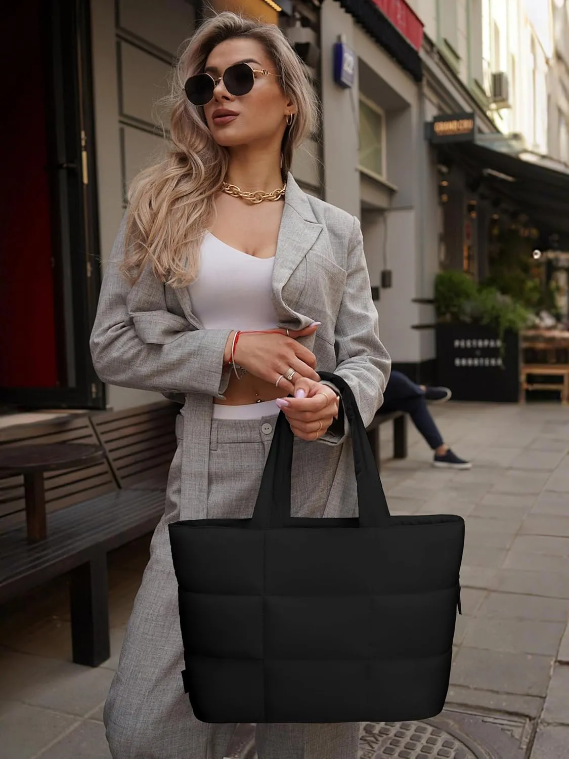 Puffer Tote Bag for Women, Large Quilted Puffy Handbag with Side Pockets Lightweight Shoulder Bag