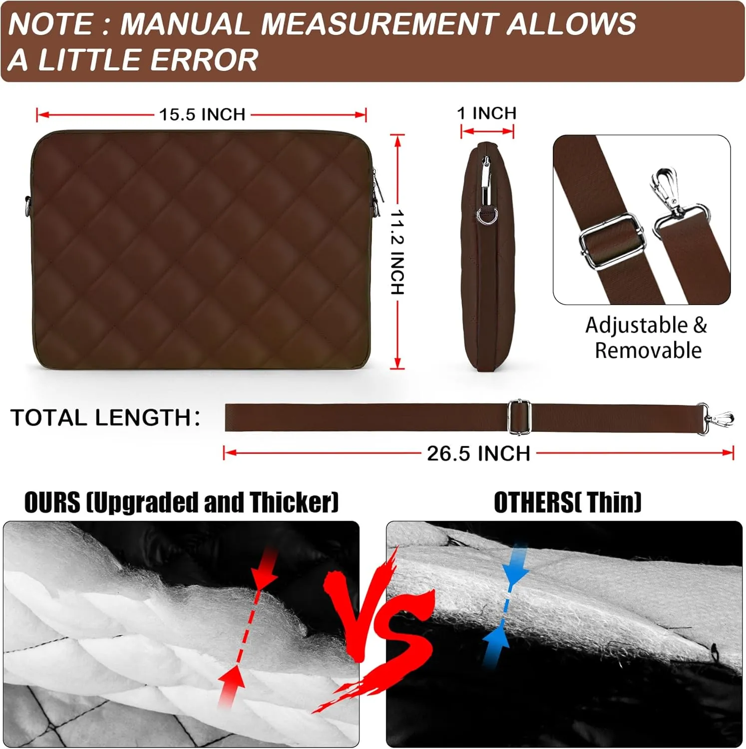 Puffy Quilted Laptop Sleeve with a Removable Shoulder Strap Compatible with MacBook Air 15 inch M2 A2941 2023/Pro 15 A1990 A1707, 15 Surface Laptop 5/4/3,Dell XPS 15,HP Stream 14 inch