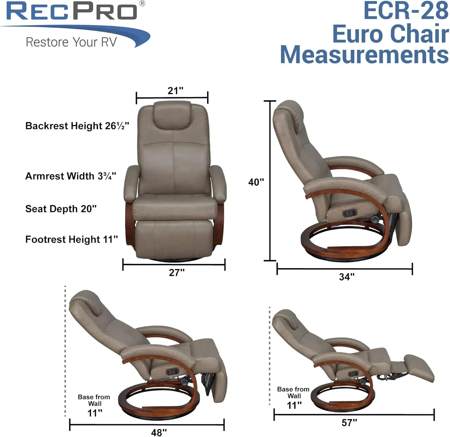 RecPro Charles 28" RV Euro Chair Recliner Modern Design RV Furniture (1, Mahogany)