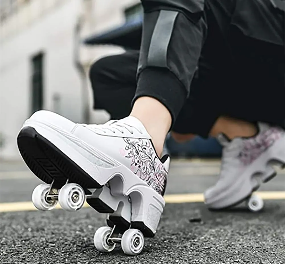 Roller Skate Shoes for Women, Double-Row Deform Quad Roller Skates, Automatic Walking Shoes Detachable Roller Skate, Shoes with Wheels for Girls Boys, Skating Shoes Unisex
