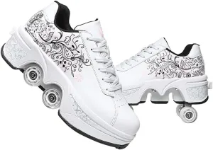 Roller Skate Shoes for Women, Double-Row Deform Quad Roller Skates, Automatic Walking Shoes Detachable Roller Skate, Shoes with Wheels for Girls Boys, Skating Shoes Unisex