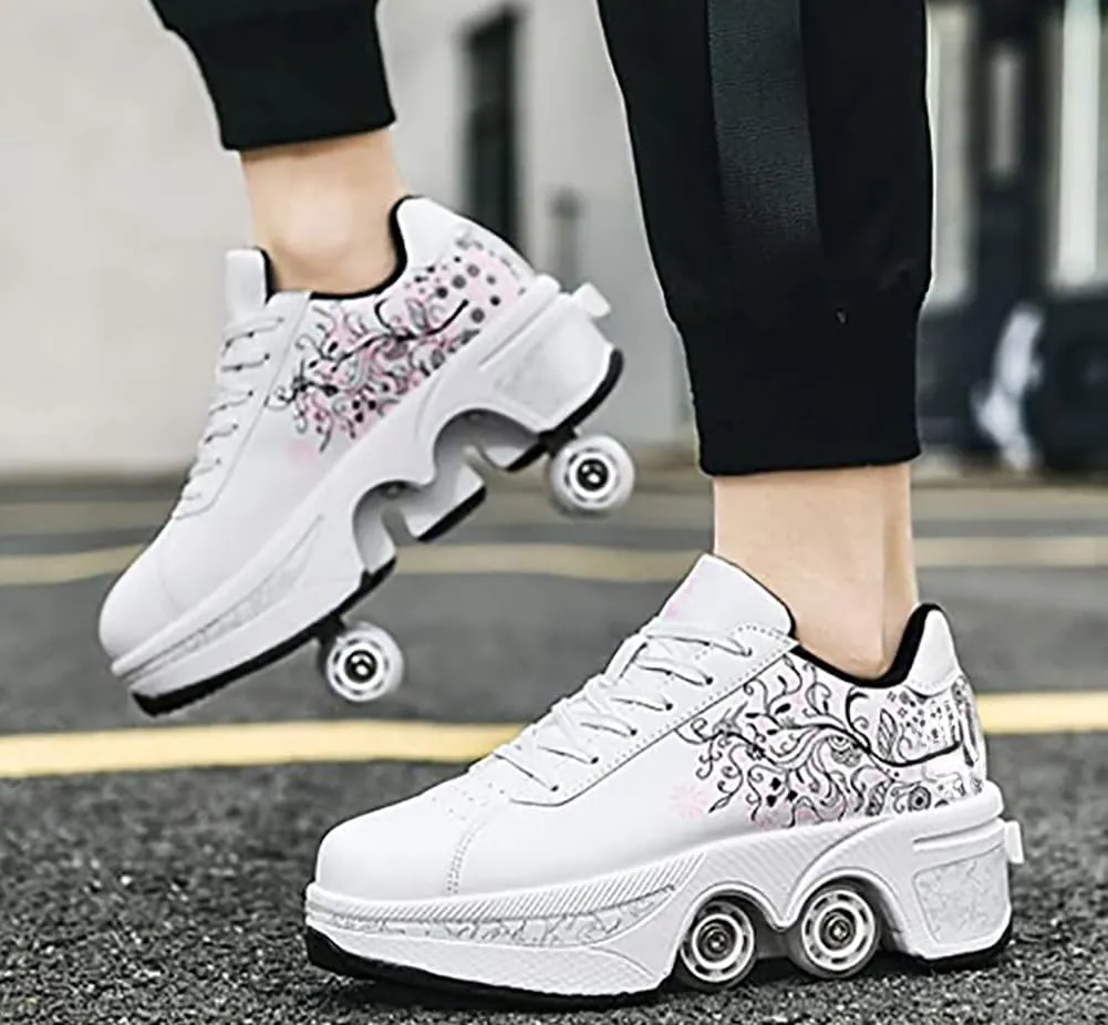 Roller Skate Shoes for Women, Double-Row Deform Quad Roller Skates, Automatic Walking Shoes Detachable Roller Skate, Shoes with Wheels for Girls Boys, Skating Shoes Unisex