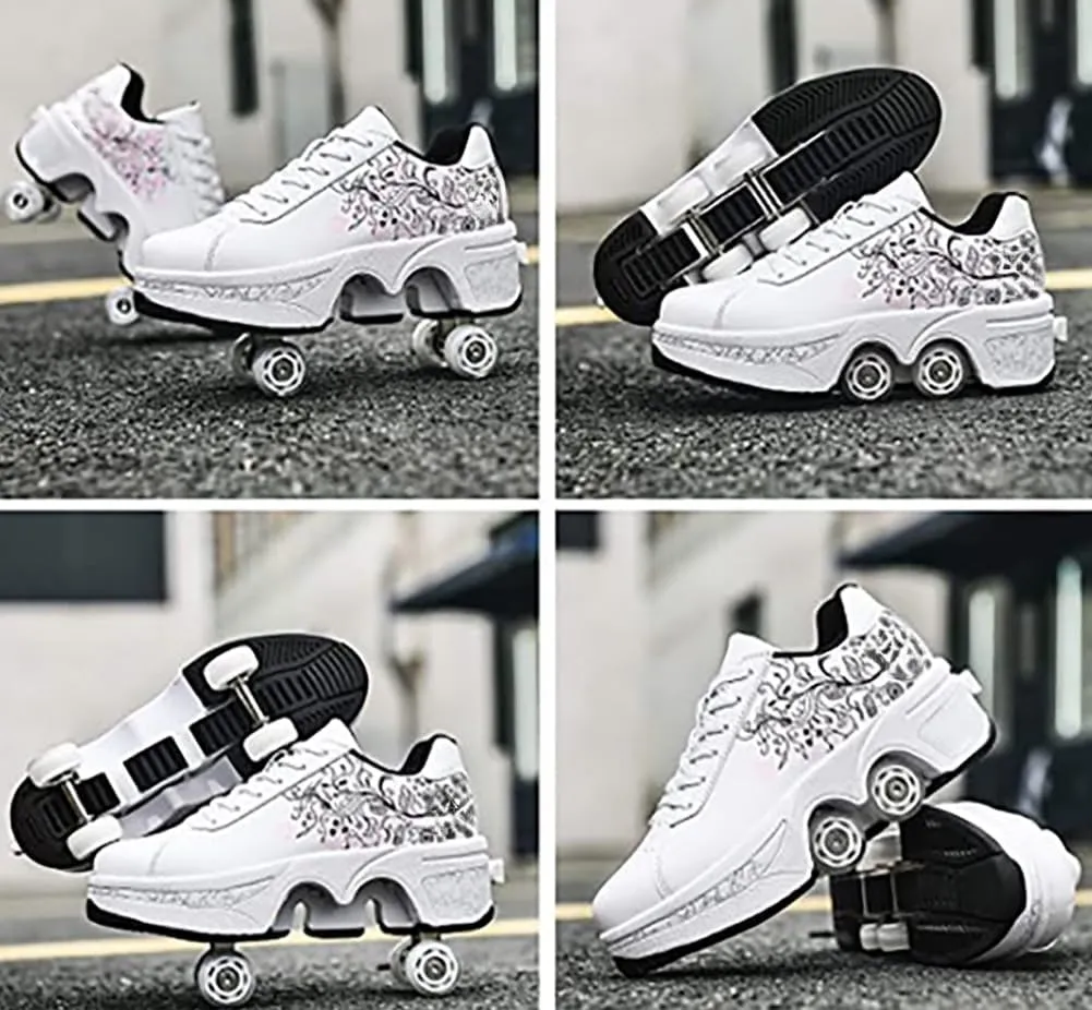 Roller Skate Shoes for Women, Double-Row Deform Quad Roller Skates, Automatic Walking Shoes Detachable Roller Skate, Shoes with Wheels for Girls Boys, Skating Shoes Unisex