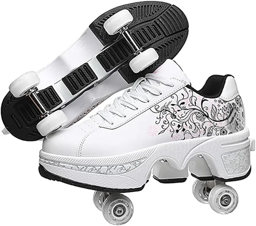 Roller Skate Shoes for Women, Double-Row Deform Quad Roller Skates, Automatic Walking Shoes Detachable Roller Skate, Shoes with Wheels for Girls Boys, Skating Shoes Unisex