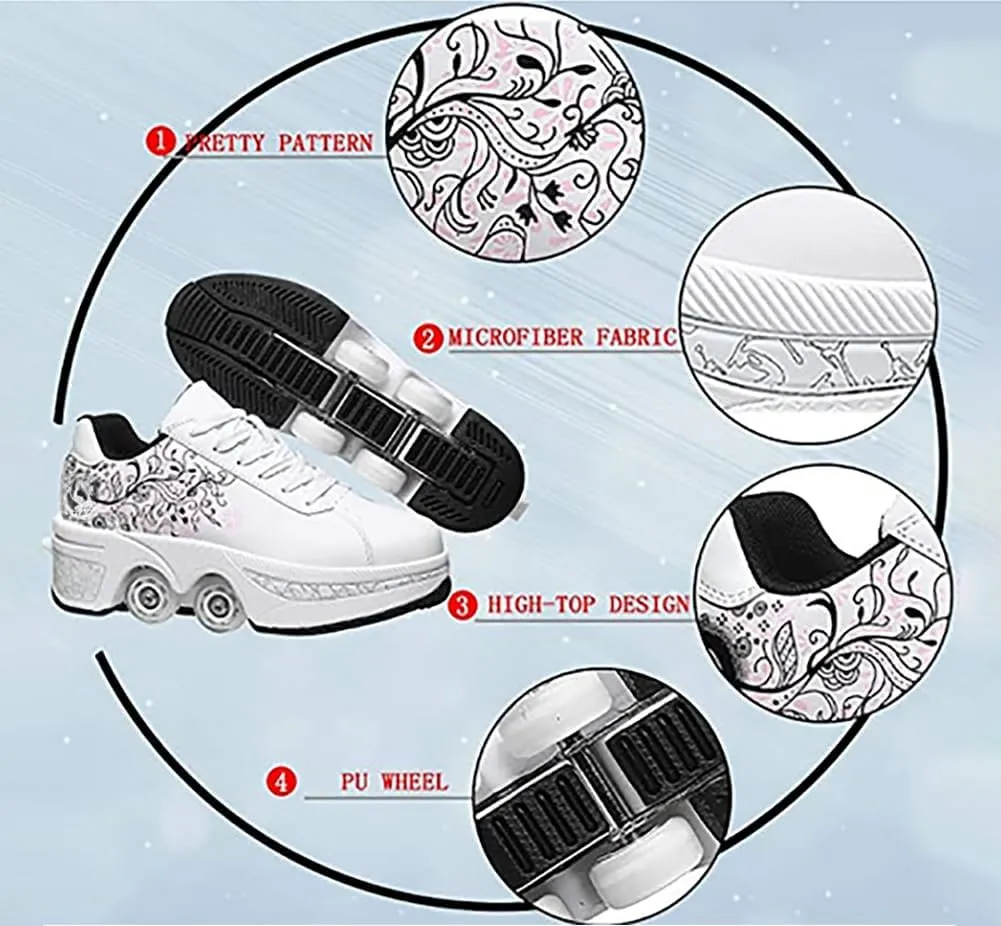 Roller Skate Shoes for Women, Double-Row Deform Quad Roller Skates, Automatic Walking Shoes Detachable Roller Skate, Shoes with Wheels for Girls Boys, Skating Shoes Unisex