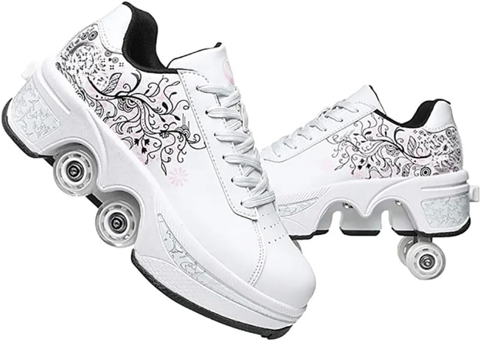 Roller Skate Shoes for Women, Double-Row Deform Quad Roller Skates, Automatic Walking Shoes Detachable Roller Skate, Shoes with Wheels for Girls Boys, Skating Shoes Unisex