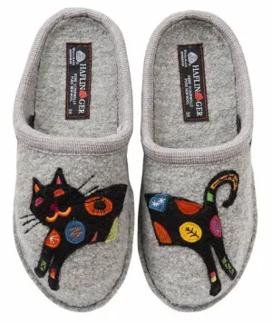 Sassy Cat Appliqued Wool Mule Slippers