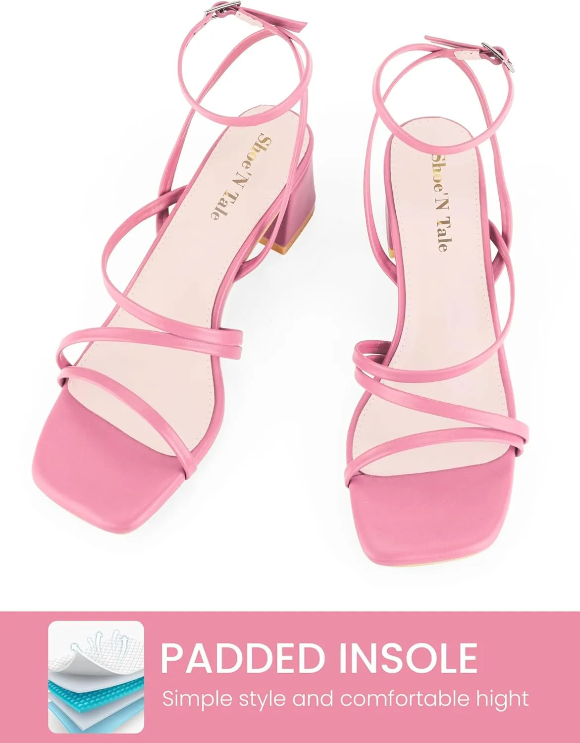 Shoe'N Tale Strappy Heels for Women Low Chunky Block Heel Dress Shoes Square Open Toe Ankle Strap Heeled Sandals