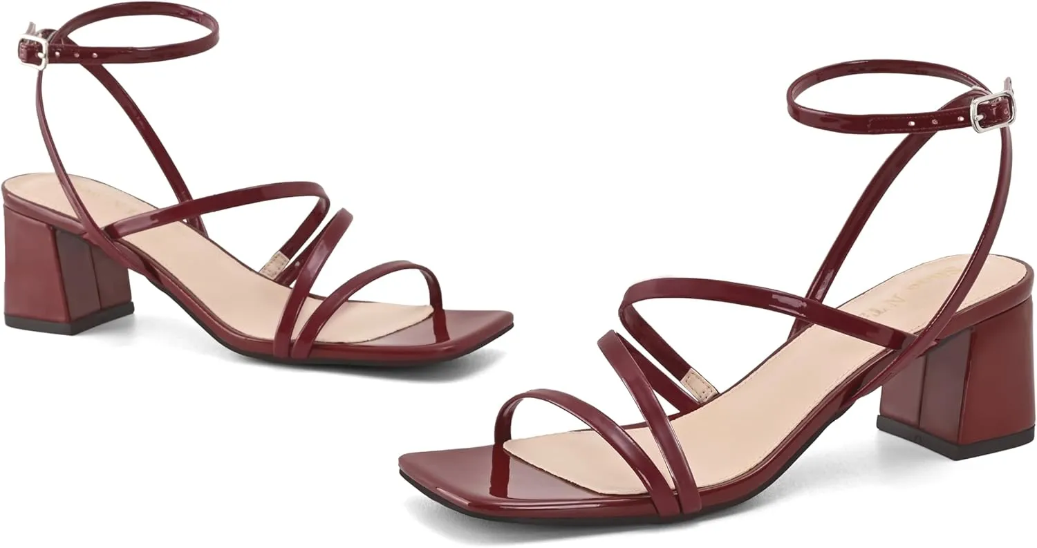 Shoe'N Tale Strappy Heels for Women Low Chunky Block Heel Dress Shoes Square Open Toe Ankle Strap Heeled Sandals