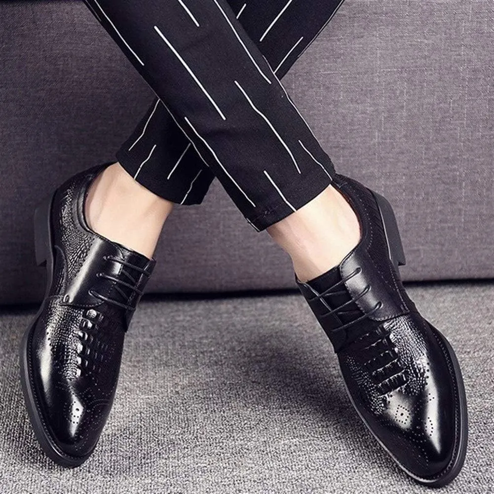 Single Season Oxford Shoes for Men Lace Up Brogue Crocodile Print Derby Shoes Cowhide Resistant Non Slip Block Heel Rubber Sole Wedding Very Popular Among Young People