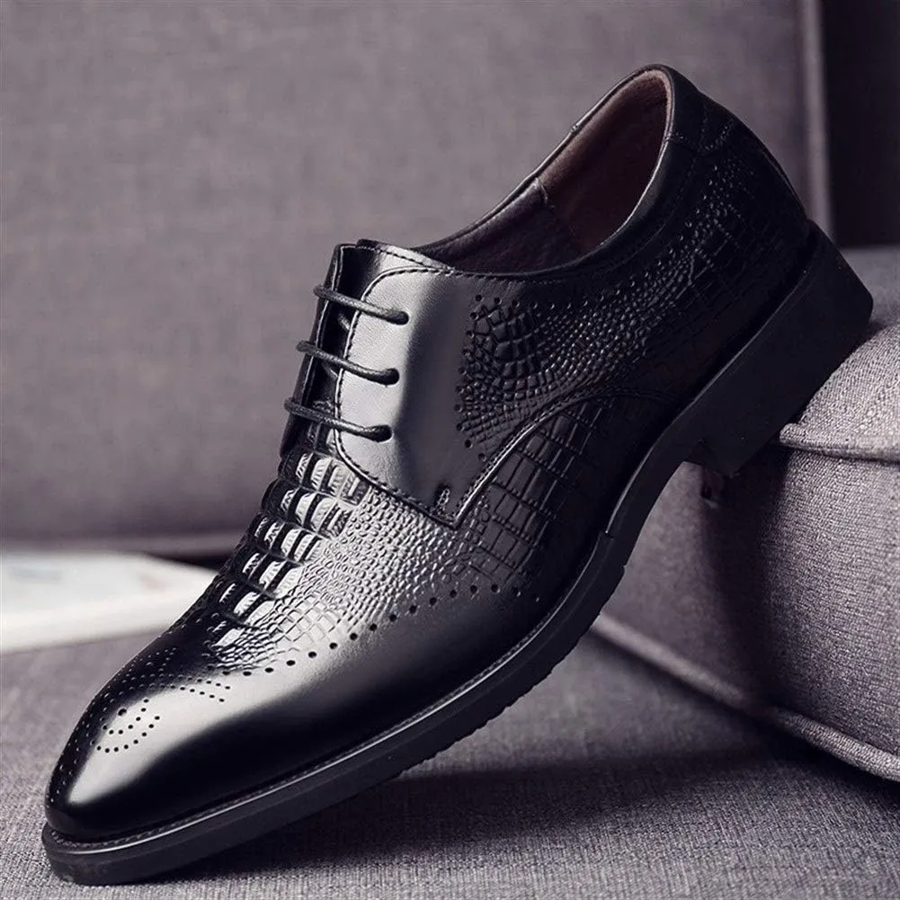 Single Season Oxford Shoes for Men Lace Up Brogue Crocodile Print Derby Shoes Cowhide Resistant Non Slip Block Heel Rubber Sole Wedding Very Popular Among Young People