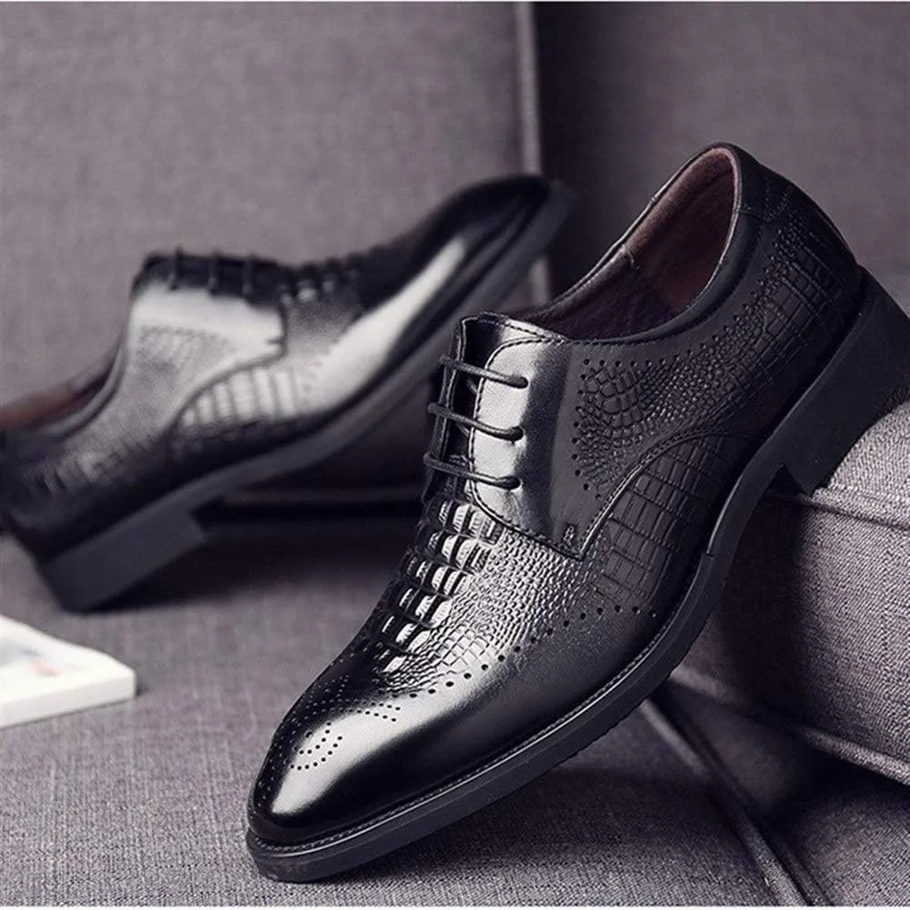 Single Season Oxford Shoes for Men Lace Up Brogue Crocodile Print Derby Shoes Cowhide Resistant Non Slip Block Heel Rubber Sole Wedding Very Popular Among Young People