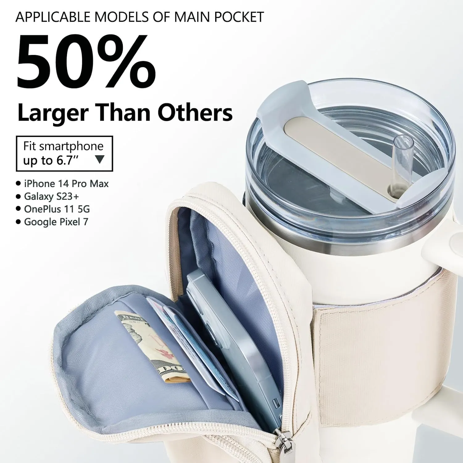 SUITMAT Water Bottle Pouch for Stanley Quencher Series Tumbler, Large Pouch Bag for Stanley Cup Accessories, Cup Backpack with Multiple Pockets for Phone, Cards, Keys (Bag Only)