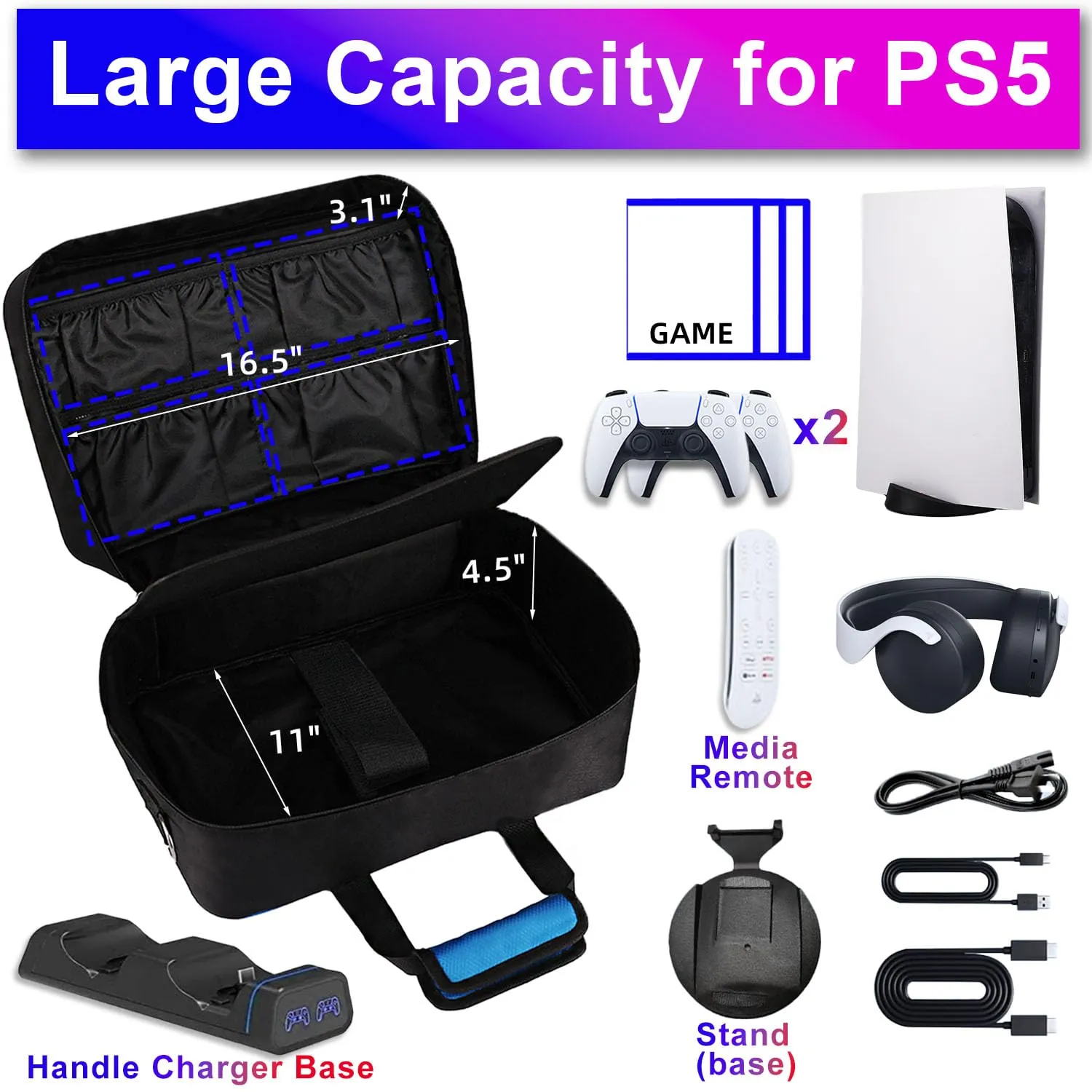 SWOJG Travel Case for PS5 , Protective PS5 Storage Bag Compatible with Controllers Console Games, Large Portable Carry Case for PlayStation 5 Gaming Headset Discs Accessories and Disk Digital Edition