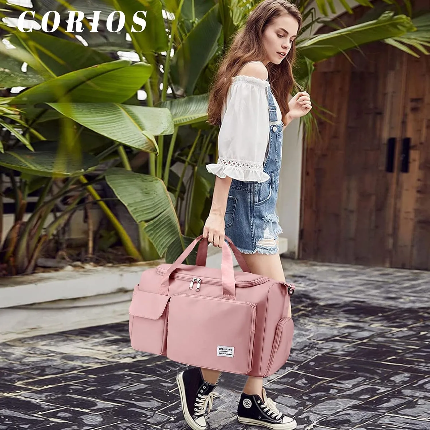 Travel Duffel Bag for Women and Men Sports Gym Tote Bag Foldable Weekender Overnight Bag Carry-on Bags with Shoes Compartment Lightweight Shoulder Bag for Travel Gym Sport Daily Use Pink