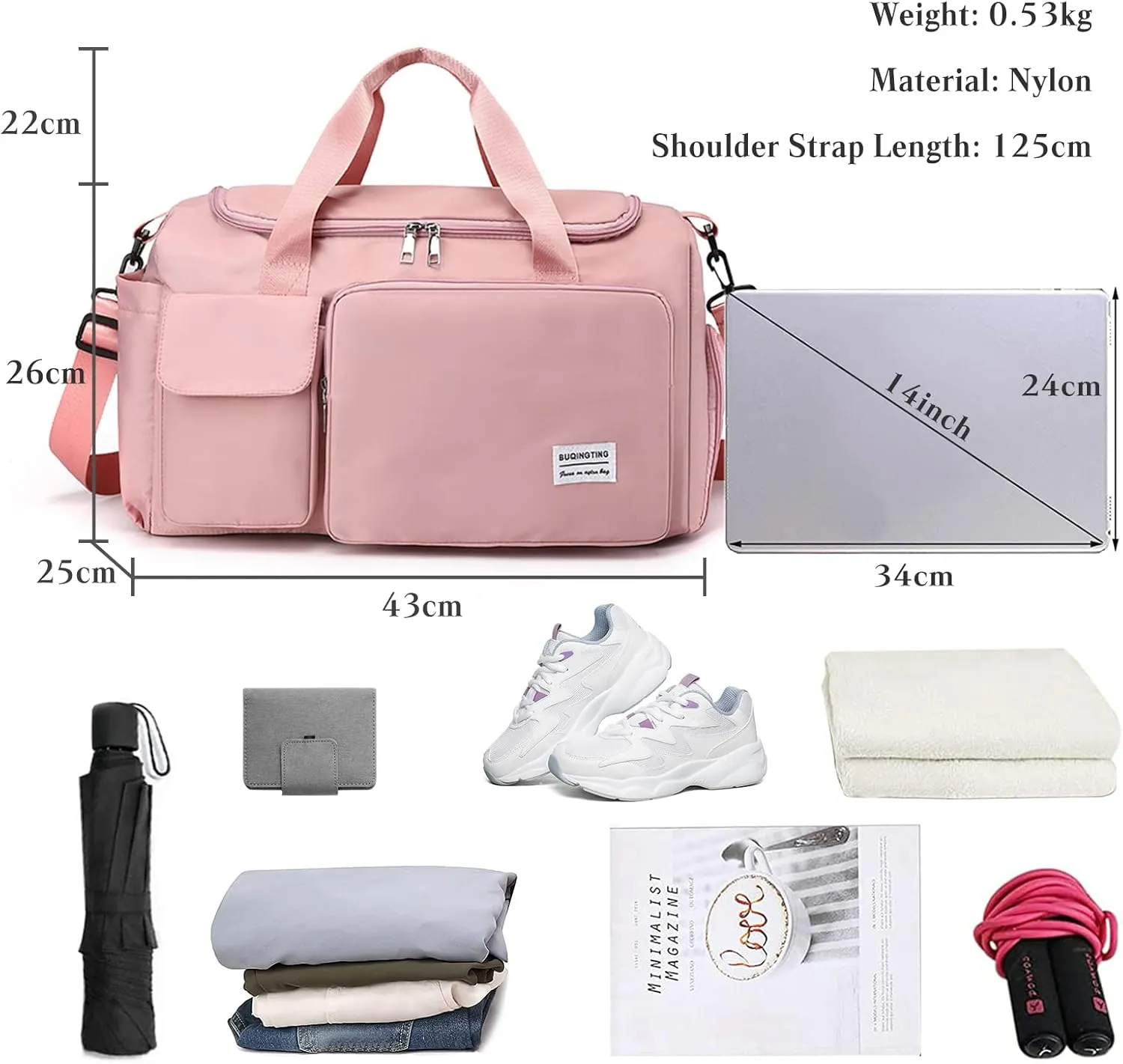 Travel Duffel Bag for Women and Men Sports Gym Tote Bag Foldable Weekender Overnight Bag Carry-on Bags with Shoes Compartment Lightweight Shoulder Bag for Travel Gym Sport Daily Use Pink