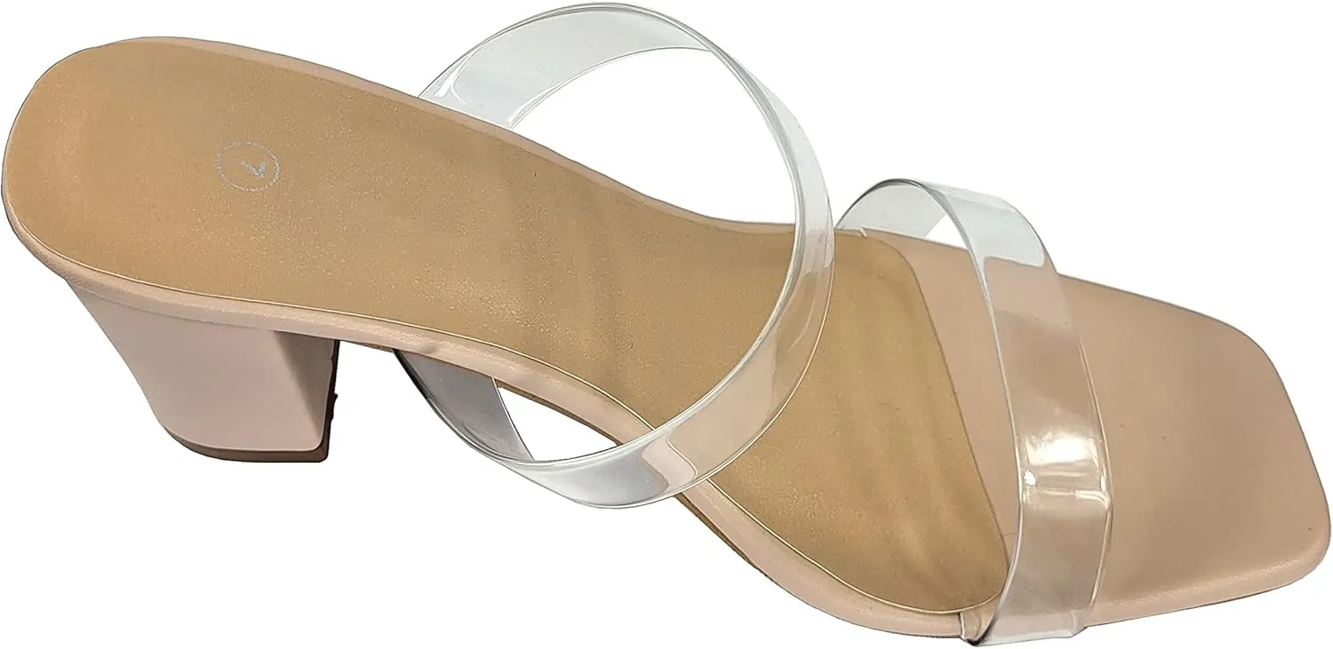 TruFox Womens Chunky Block Heels Square Open Toe heels Comfortable Two Strap Slip On Slides for Prom Wedding party Dress Shoes