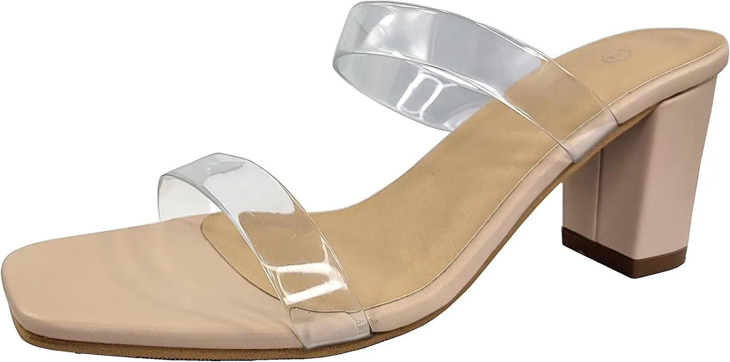 TruFox Womens Chunky Block Heels Square Open Toe heels Comfortable Two Strap Slip On Slides for Prom Wedding party Dress Shoes
