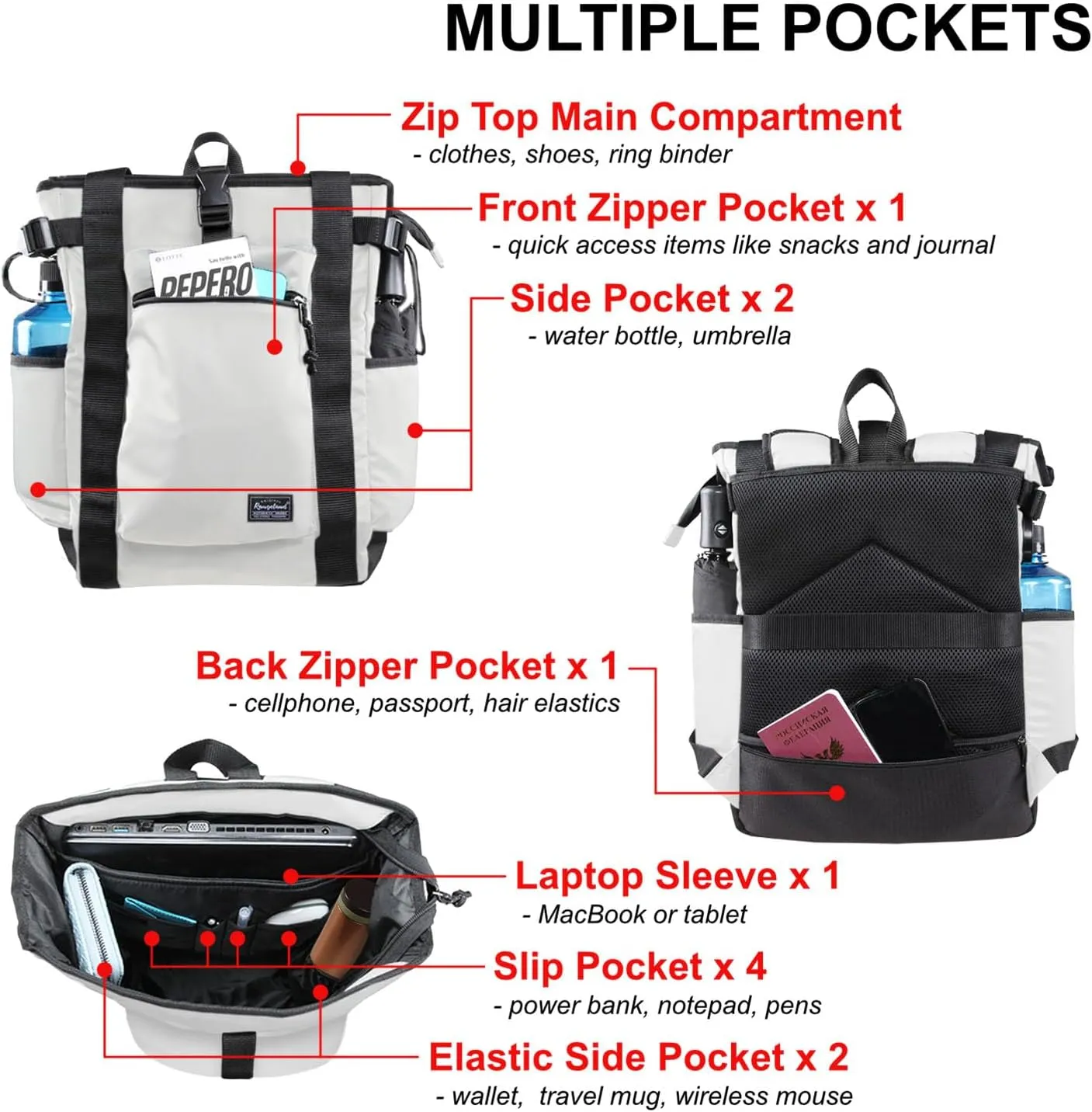 Unisex Laptop Tote Backpack Convertible Lightweight Nylon Water-Resistant Everyday Shoulder Tote bag Backpack with Water Bottle Pocket Work Travel, White