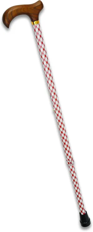 Unisex Tartan Adjustable Cane. Red & Tan Plaid Aluminum Shaft. Solid Wood, Derby Handle. Stylish!
