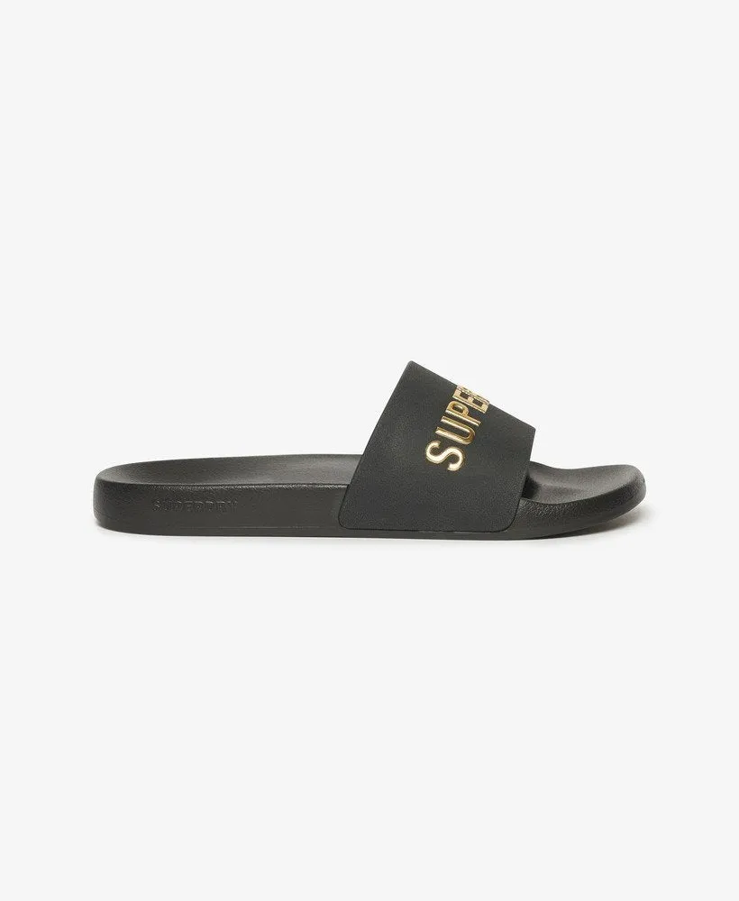 Vegan Logo Pool Slides | Black/Metallic Gold