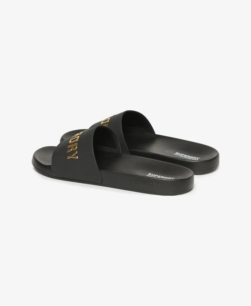 Vegan Logo Pool Slides | Black/Metallic Gold
