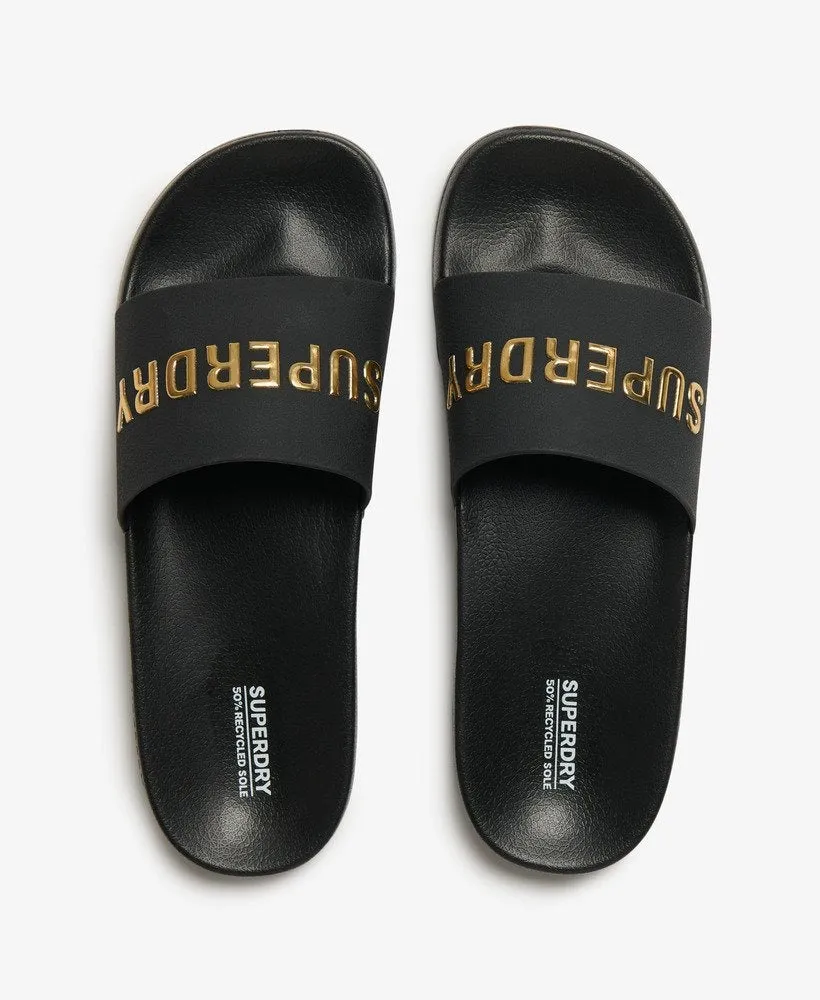 Vegan Logo Pool Slides | Black/Metallic Gold