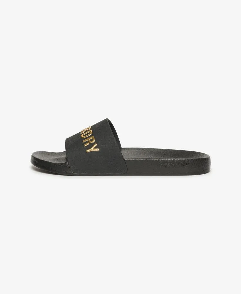 Vegan Logo Pool Slides | Black/Metallic Gold