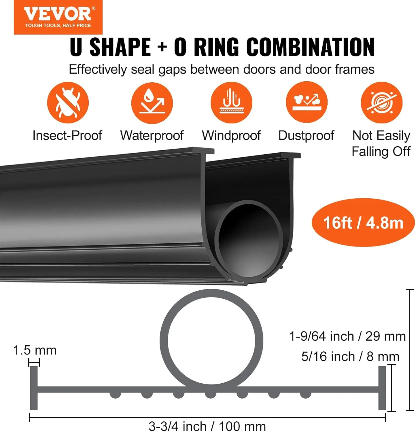VEVOR Garage Door Seals Bottom Rubber, U Shape  O Ring Garage Door Weather Stripping, Universal Weatherproof Threshold Buffering Sealing Rubber, 5/16 inch T-Ends and 3 3/4 inch Width (16 Ft, Black)
