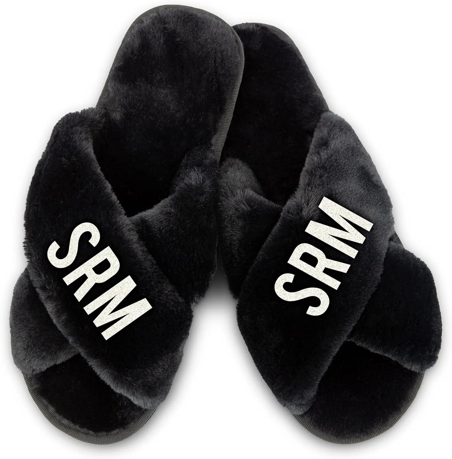WEDDINGSTAR Black Custom Printed Plush Crossband Slide House Slippers