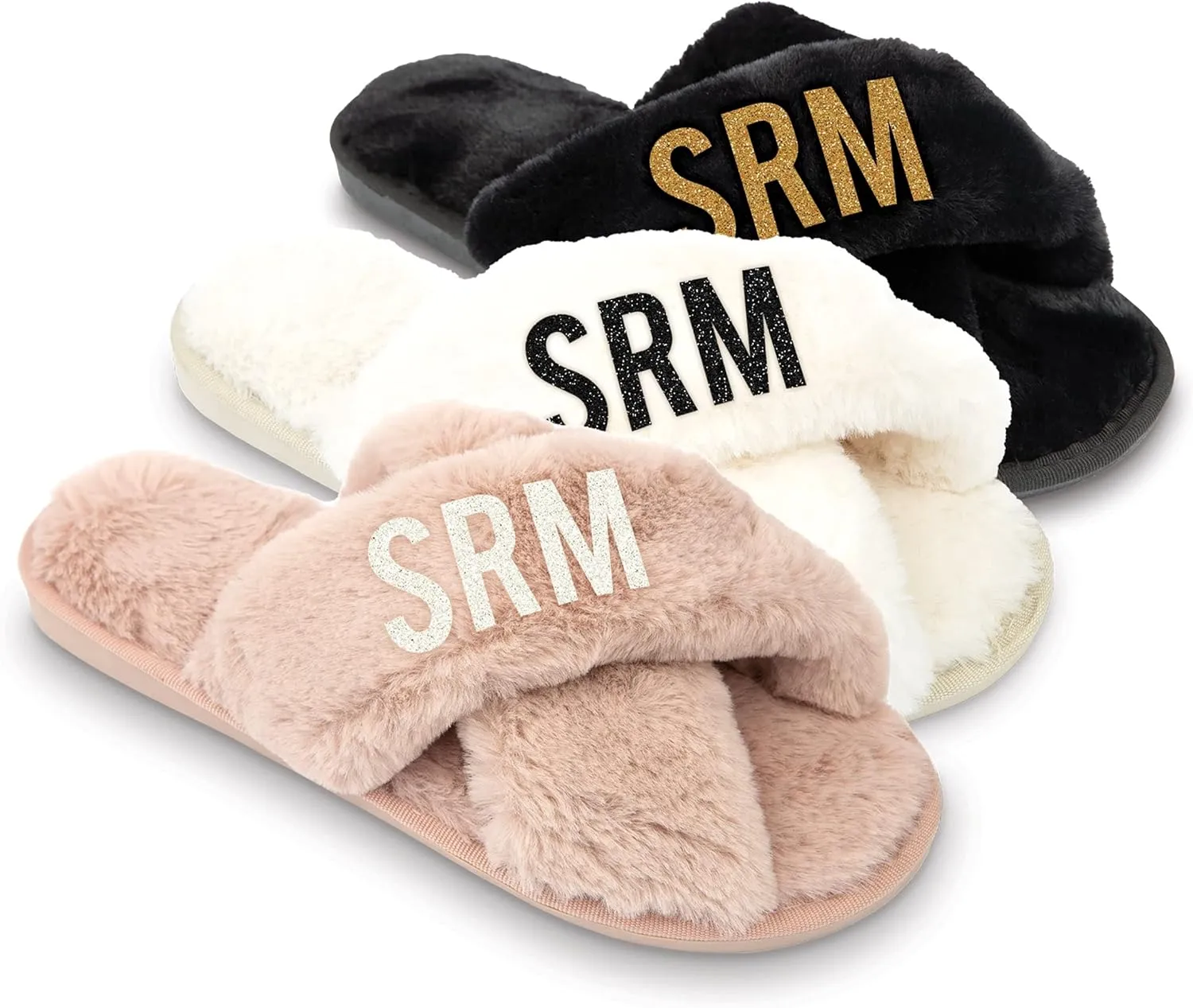 WEDDINGSTAR Black Custom Printed Plush Crossband Slide House Slippers