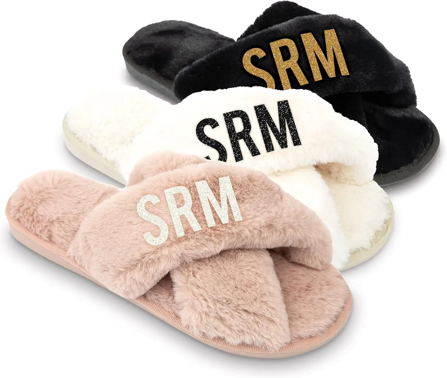 WEDDINGSTAR Black Custom Printed Plush Crossband Slide House Slippers