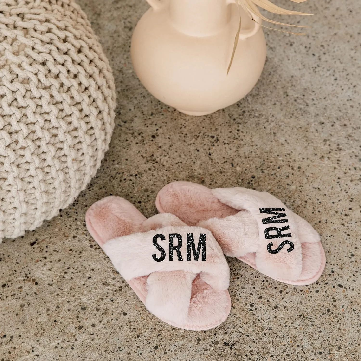 WEDDINGSTAR Black Custom Printed Plush Crossband Slide House Slippers